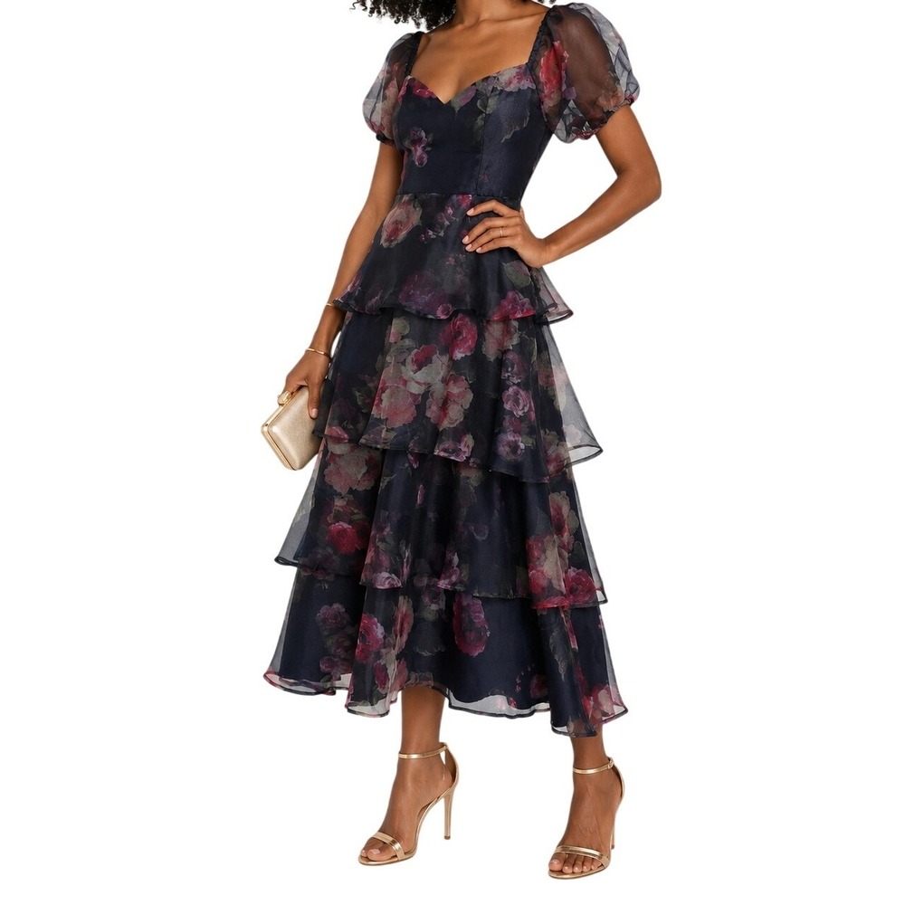 Lulus Floral Organza Tiered Midi Dress Puff Sleeve Wedding Guest Navy Pink M NWT
